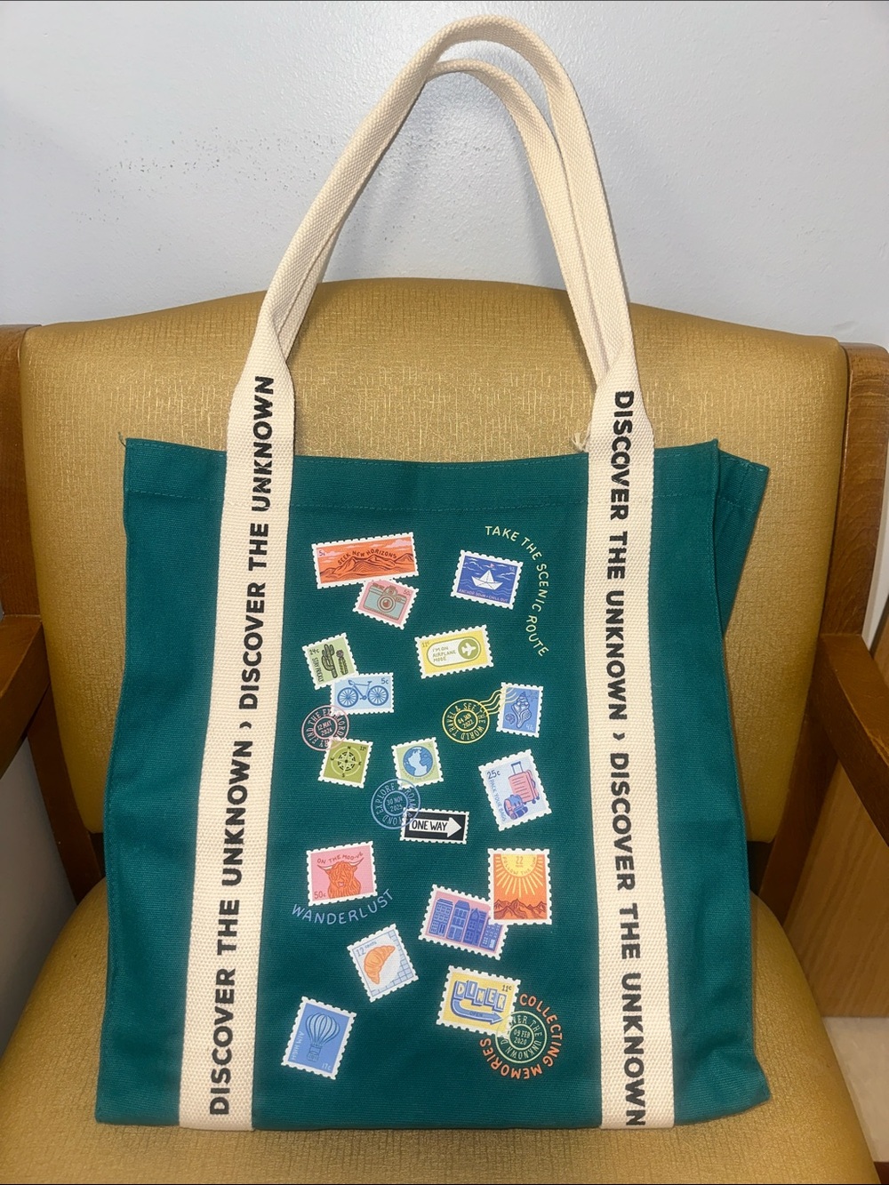 PAPER SOURCE teal ivory multi DISCOVER THE UNKNOWN CANVAS STAMP TOTE - Picture 3 of 11